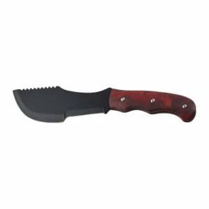 Fixed blade hunting knife with black coated blade and red pakkawood handle isolated on white background KL-OD-TI-006