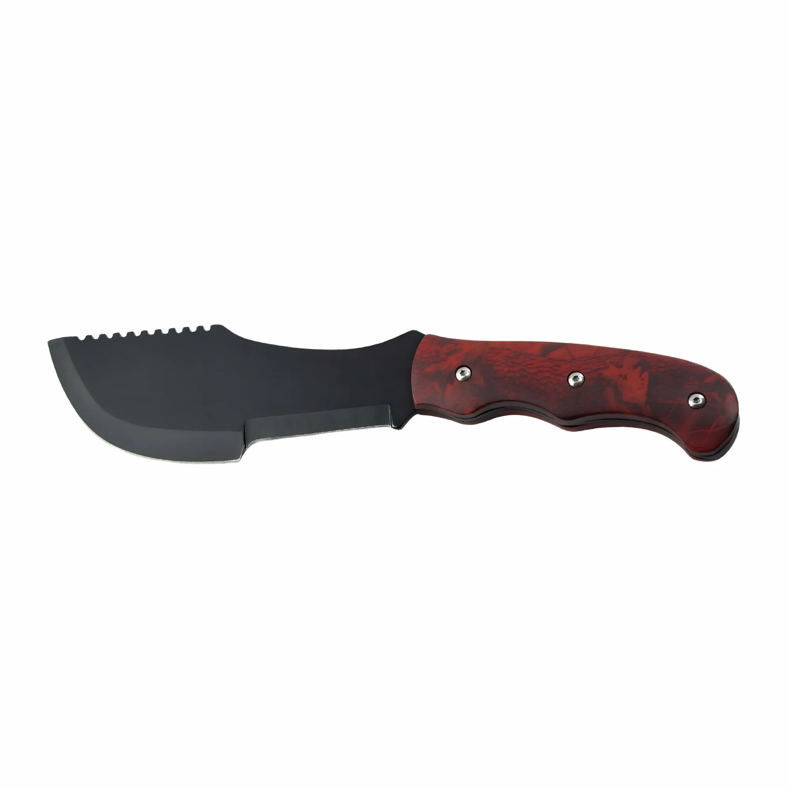Fixed blade hunting knife with black coated blade and red pakkawood handle isolated on white background KL-OD-TI-006