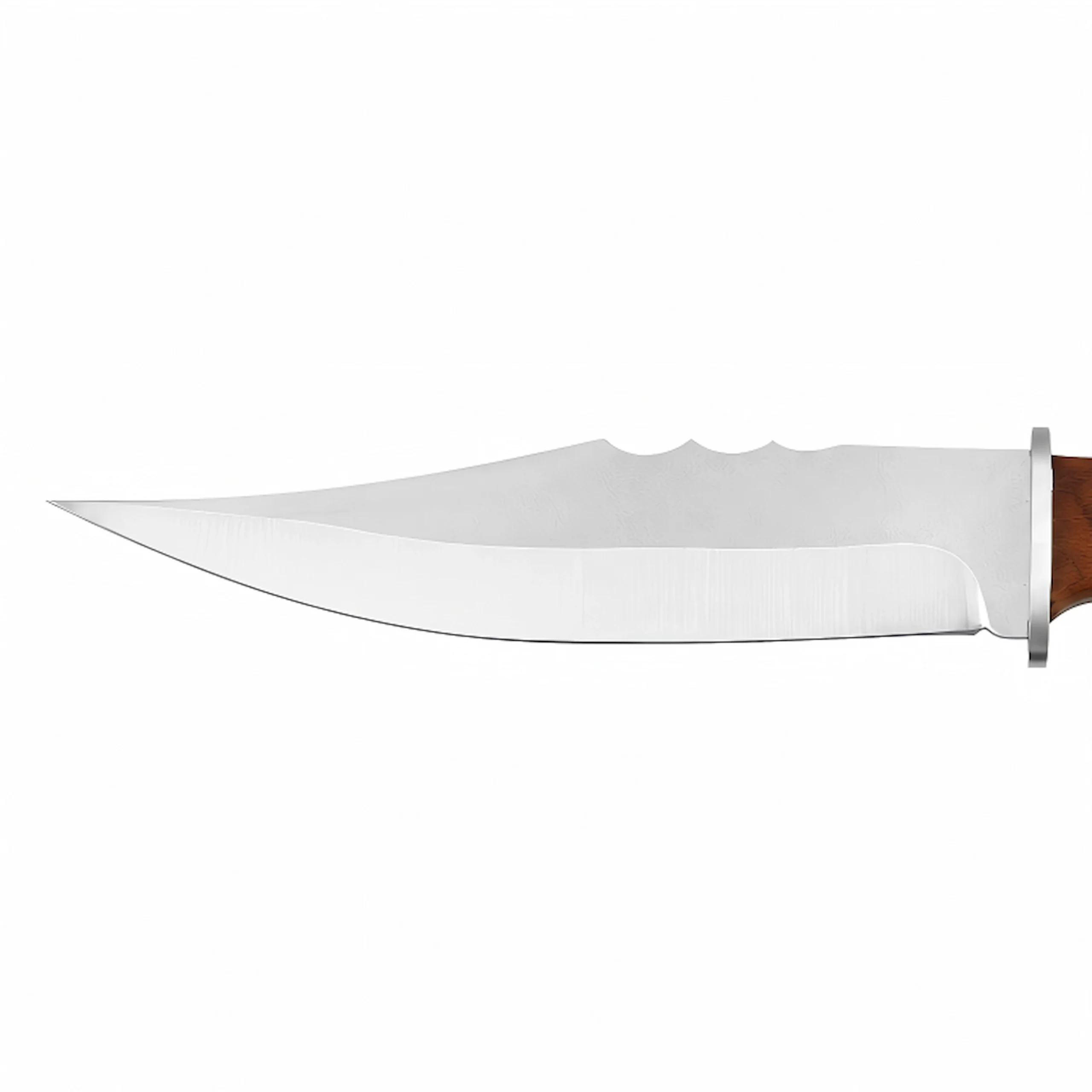 Detailed close-up of a stainless steel hunting knife blade isolated on white background KL-OD-HC-009