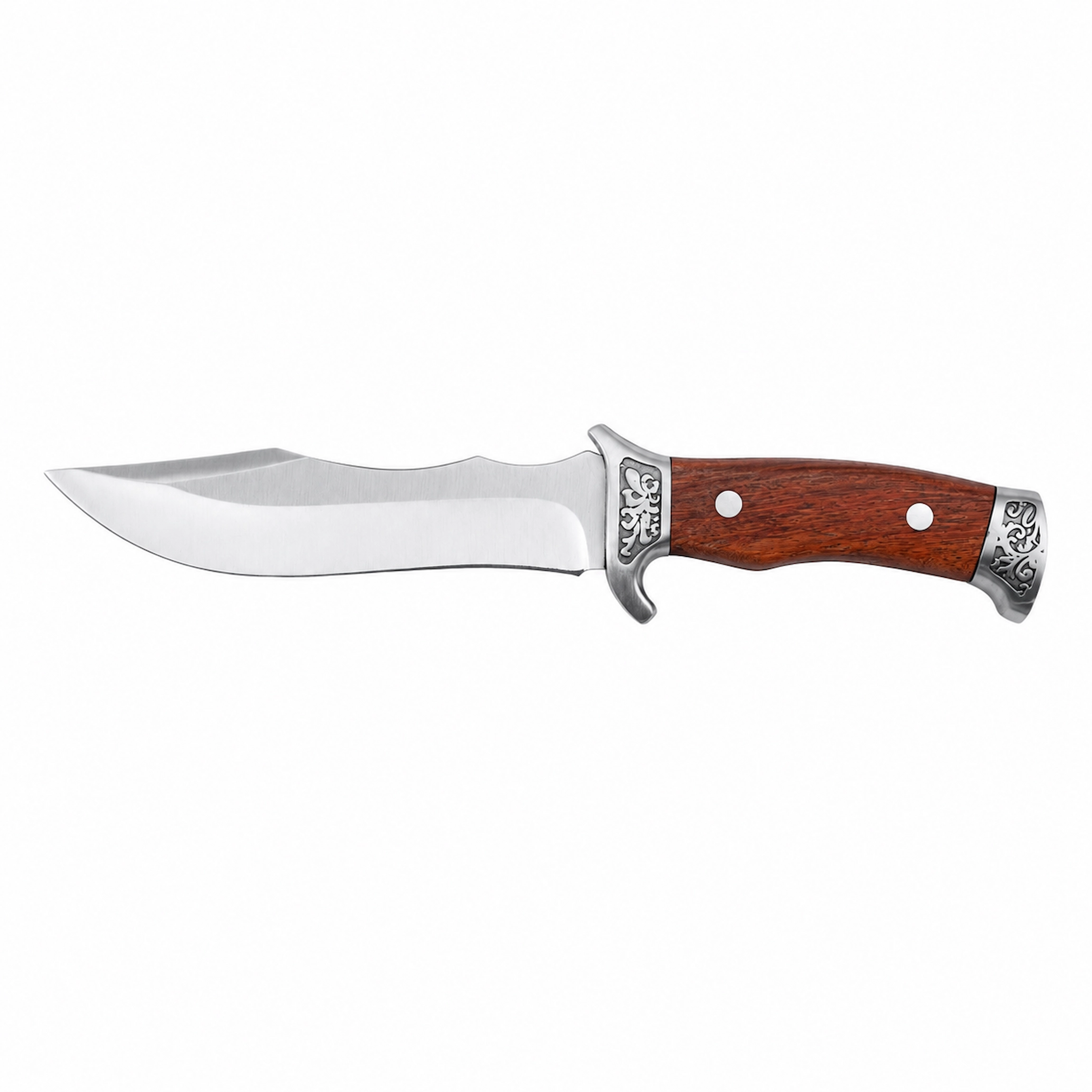 Fixed blade hunting knife with rosewood handle and engraved steel guard isolated on white background KL-OD-HC-003