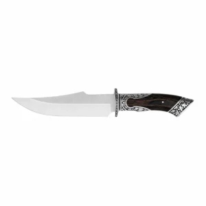 Fixed blade hunting knife with engraved guard and rosewood handle isolated on white background KL-OD-HC-002