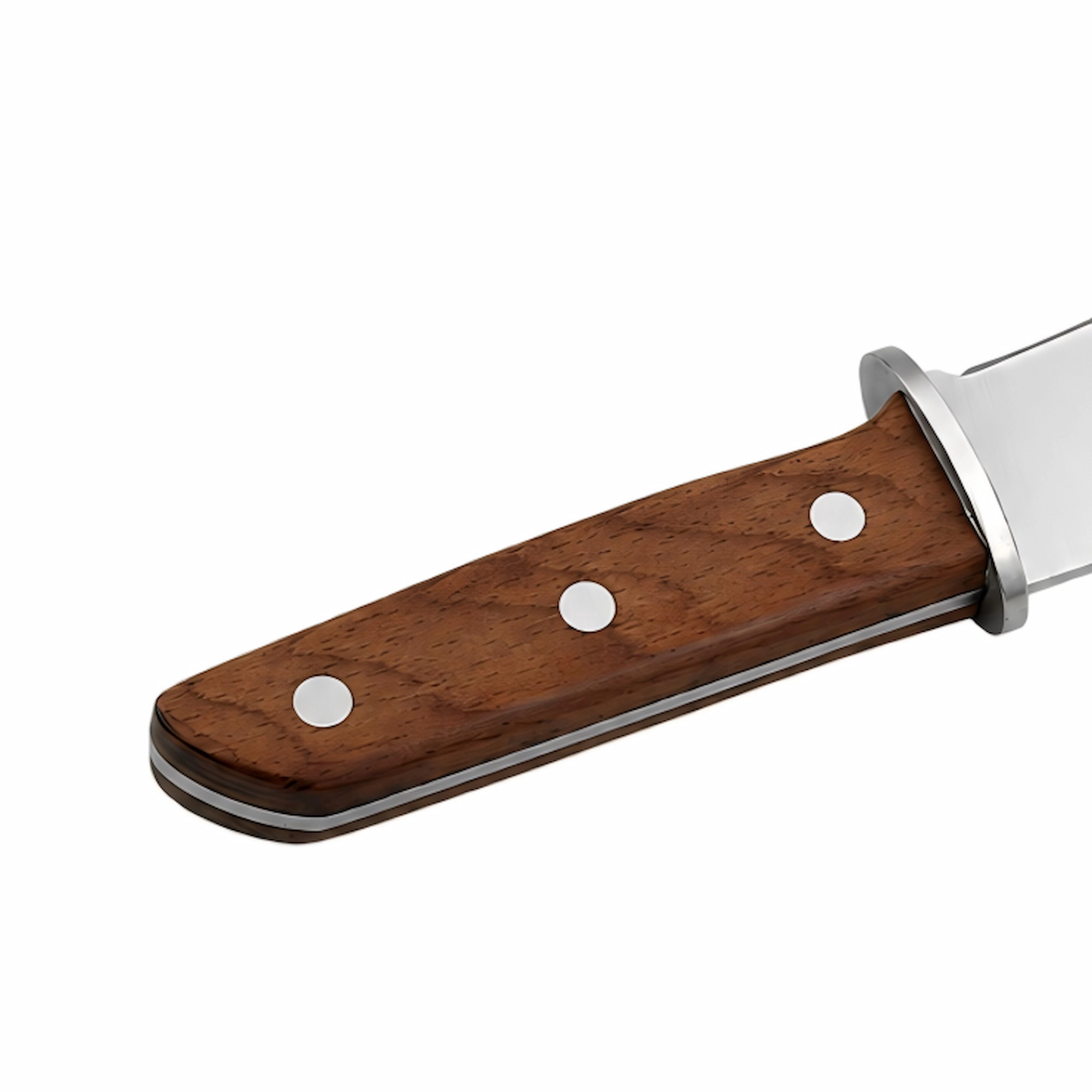 Detailed close-up of premium walnut wood handle with rivets isolated on white background KL-OD-HC-009