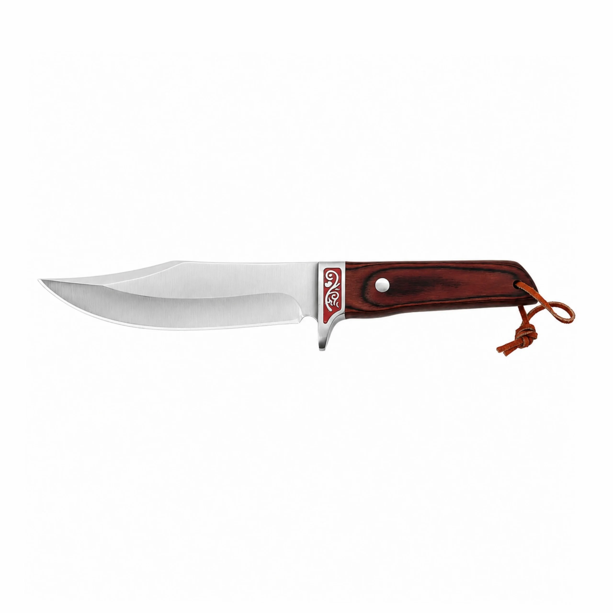 Fixed Blade Hunting Knife - Front View | KaiLionCrafts Fixed blade hunting knife with redwood handle isolated on white background, KL-OD-HC-005.