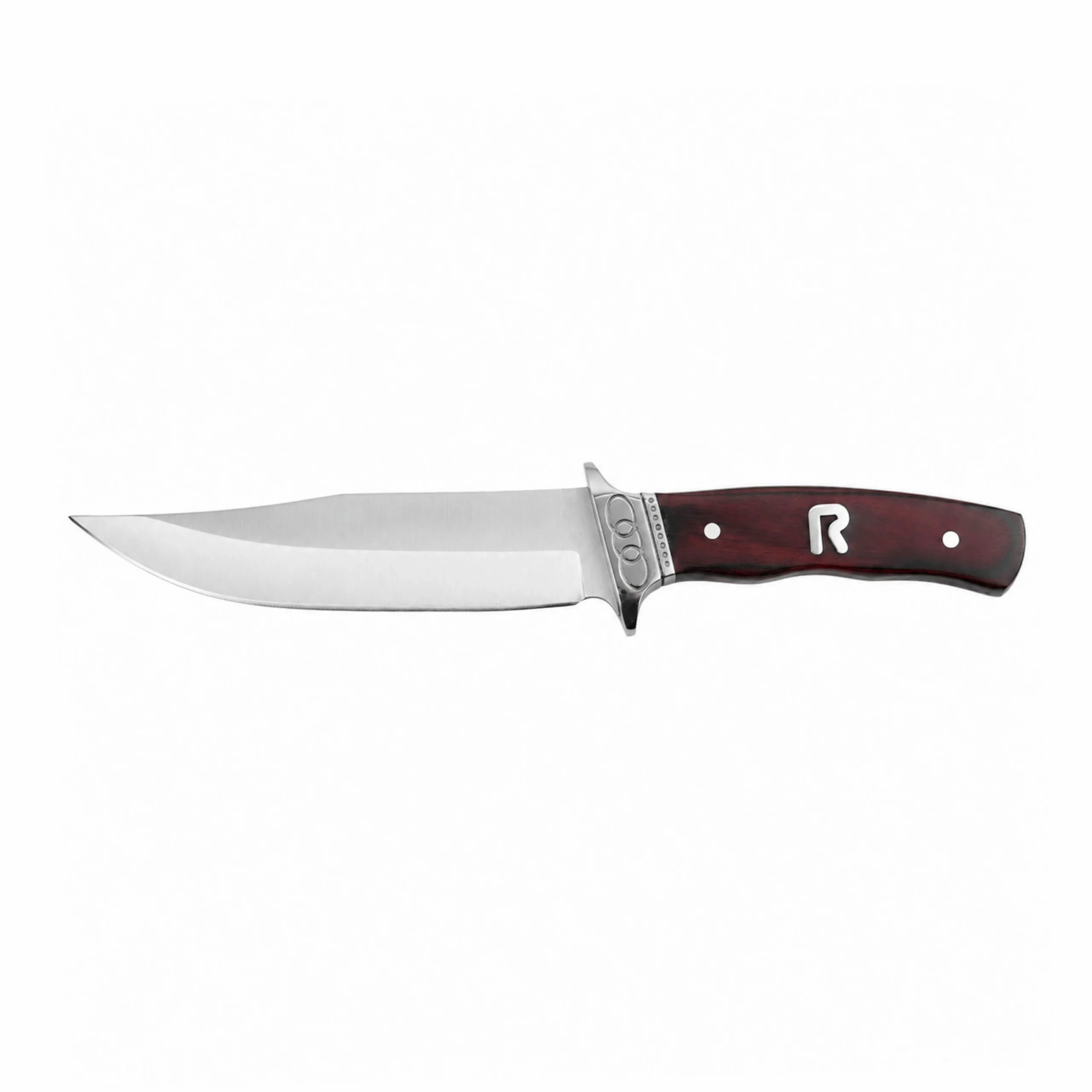 Fixed Blade Hunting Knife - Front View | KaiLionCrafts :Fixed blade hunting knife with rosewood handle isolated on white background, SKU: KL-OD-HC-007.