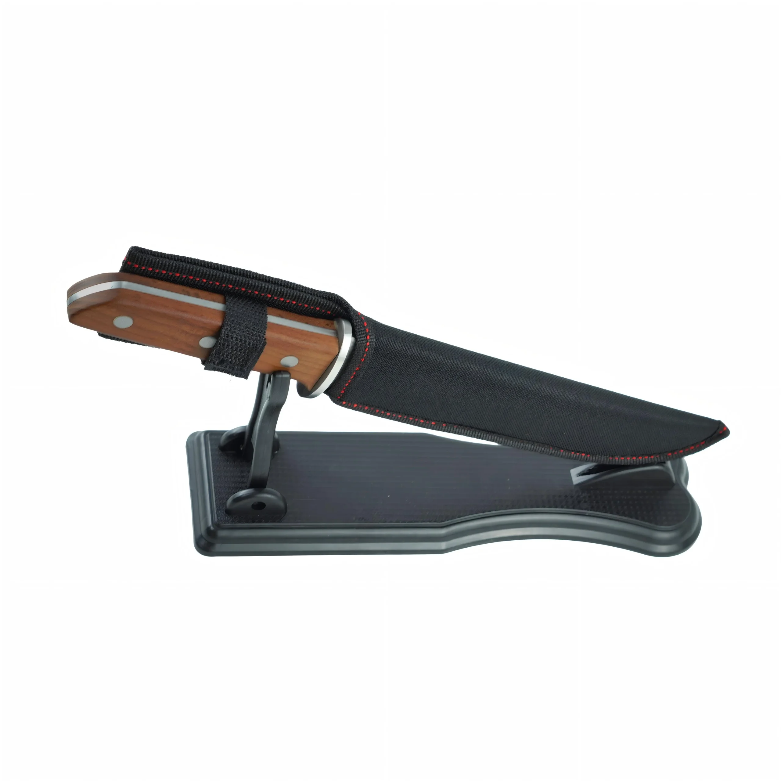 Hunting knife inside nylon sheath on display stand isolated on white background KL-OD-HC-009