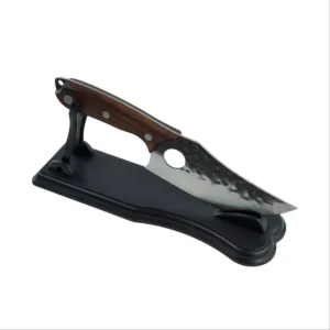 Fixed blade hunting knife displayed on a custom black stand isolated on white background. SKU KL-OD-HC-006