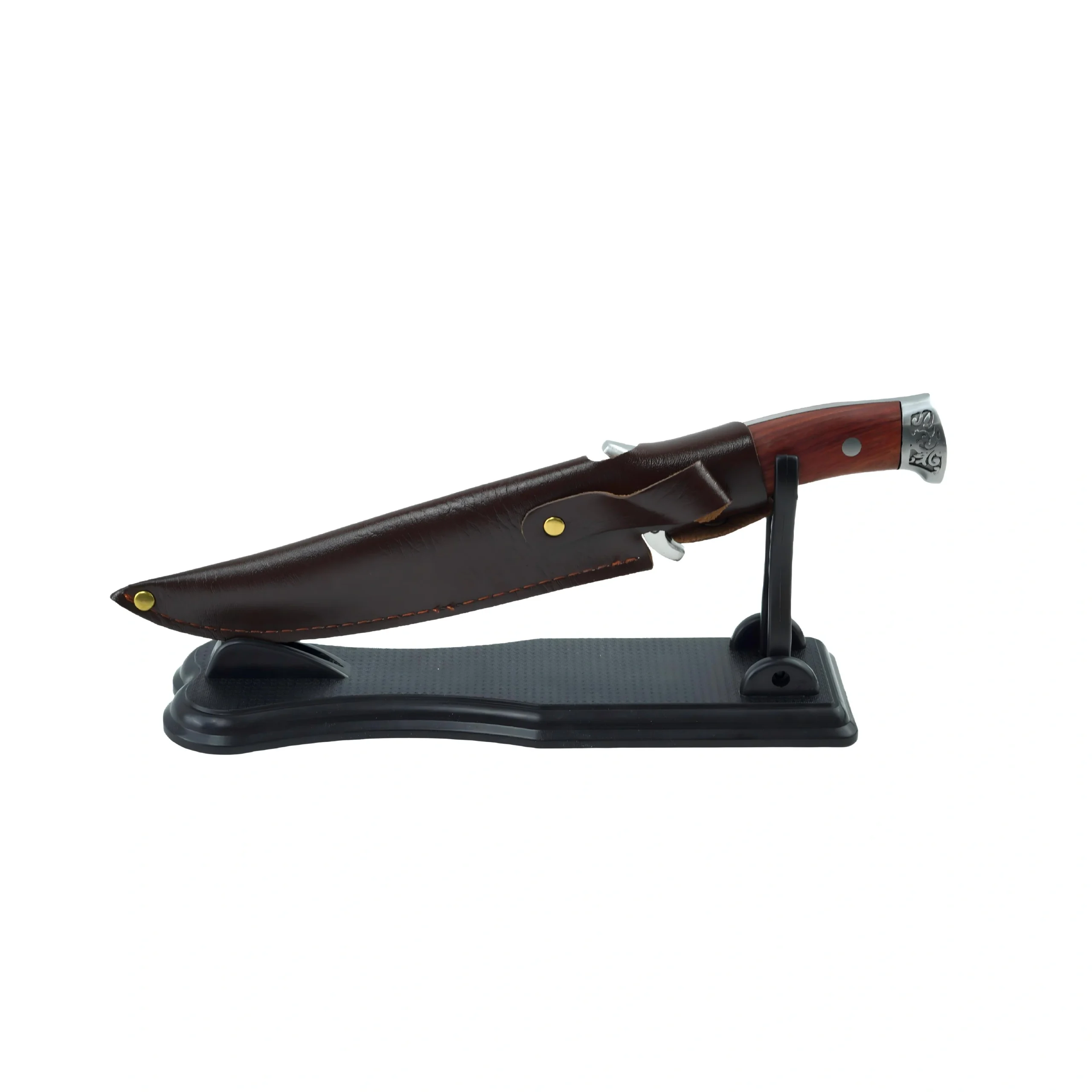 Fixed blade hunting knife enclosed in leather sheath on black stand isolated on white background KL-OD-HC-003