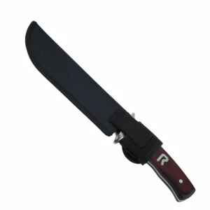 Hunting Knife with Protective Sheath - Side View | KaiLionCrafts Fixed blade hunting knife stored inside black protective sheath isolated on white background, SKU: KL-OD-HC-007.