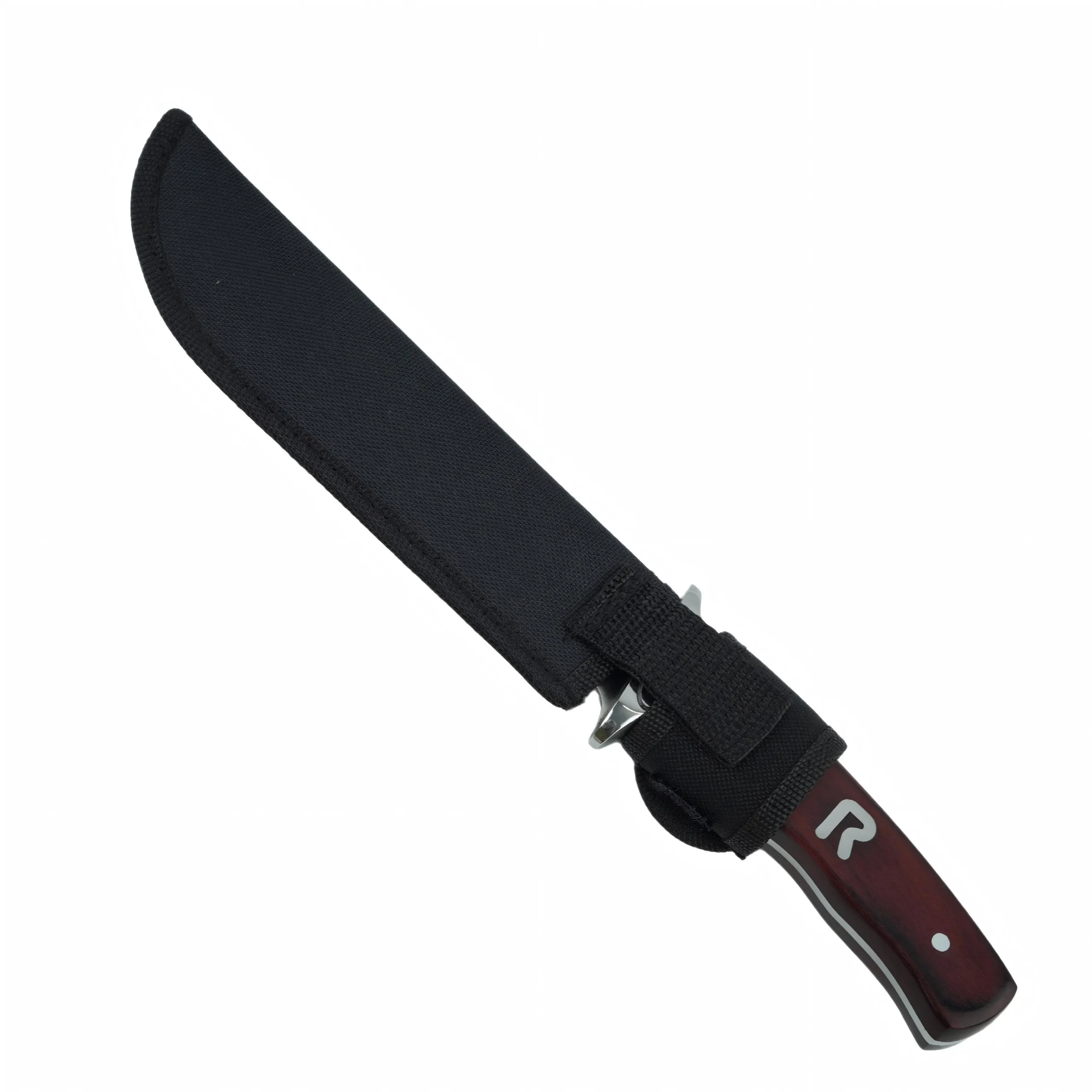 Hunting Knife with Protective Sheath - Side View | KaiLionCrafts Fixed blade hunting knife stored inside black protective sheath isolated on white background, SKU: KL-OD-HC-007.
