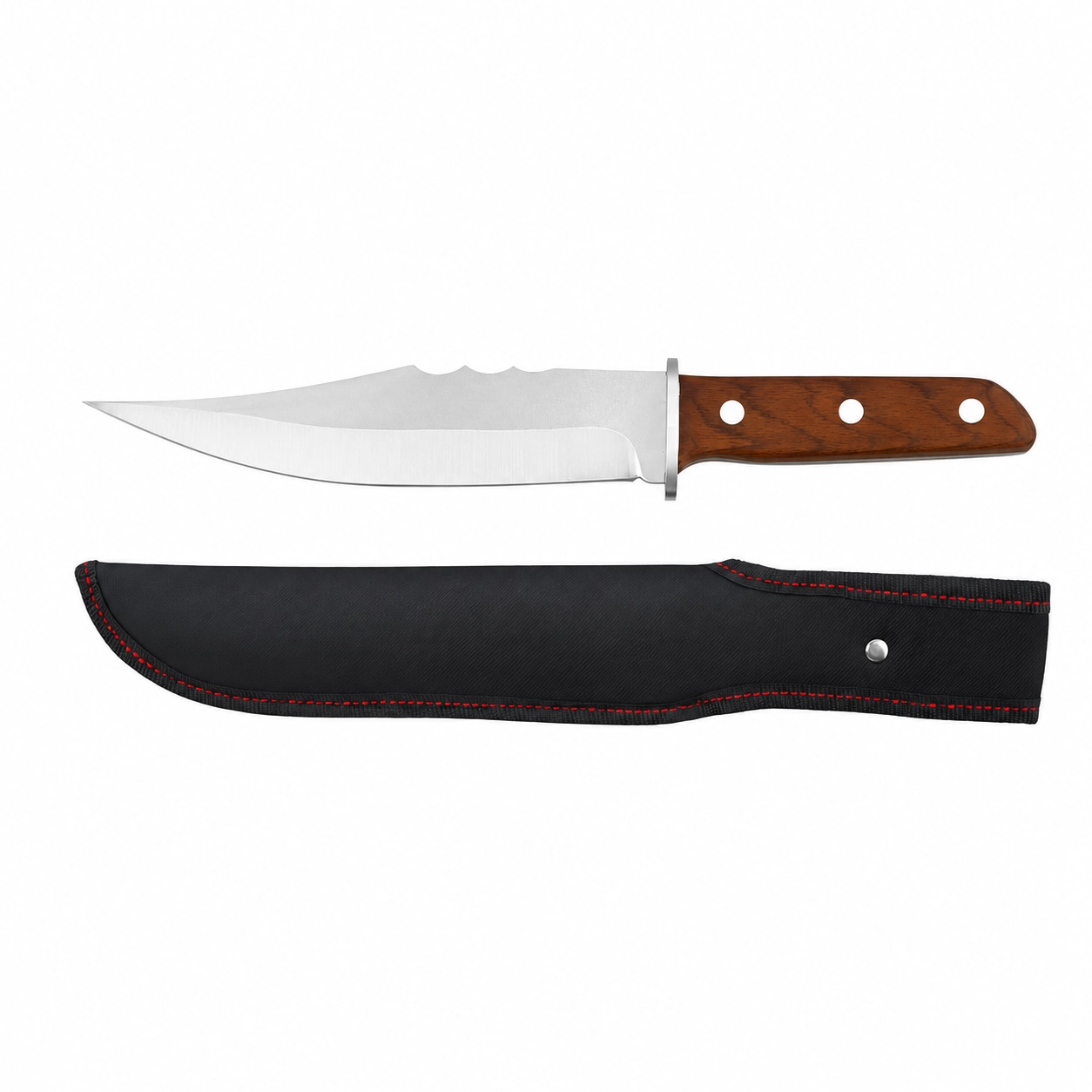 Fixed blade hunting knife with protective black nylon sheath isolated on white background KL-OD-HC-009