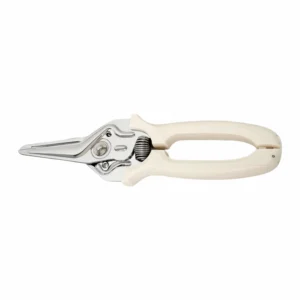 Spring-loaded floral pruning shears with white plastic handles in closed position isolated on white background, SKU KL-SC-SS-003.