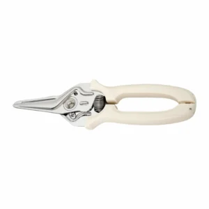 Spring-loaded floral pruning shears with white plastic handles in closed position isolated on white background, SKU KL-SC-SS-003.