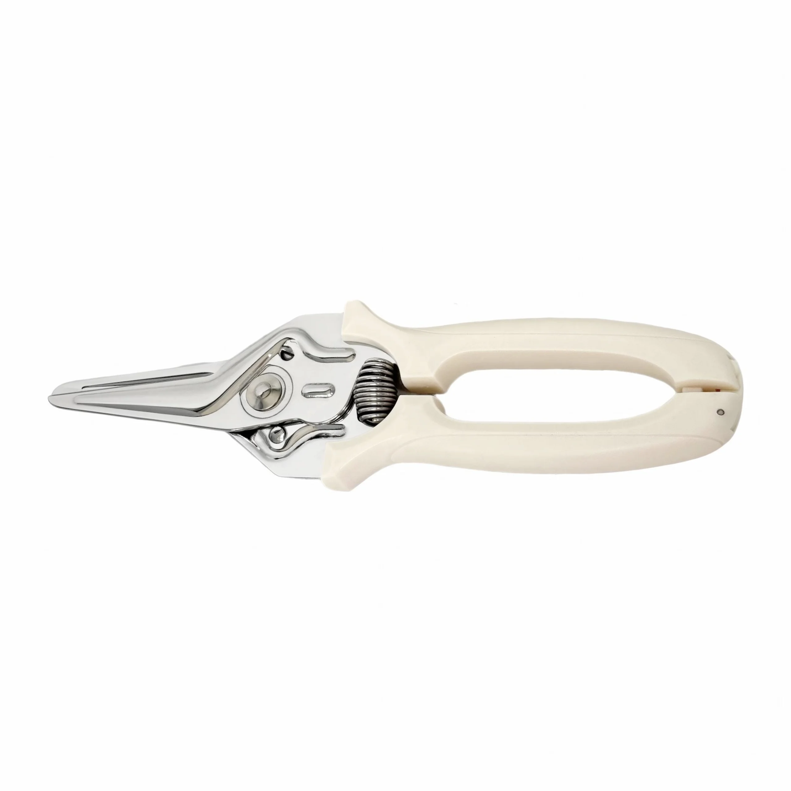 Spring-loaded floral pruning shears with white plastic handles in closed position isolated on white background, SKU KL-SC-SS-003.