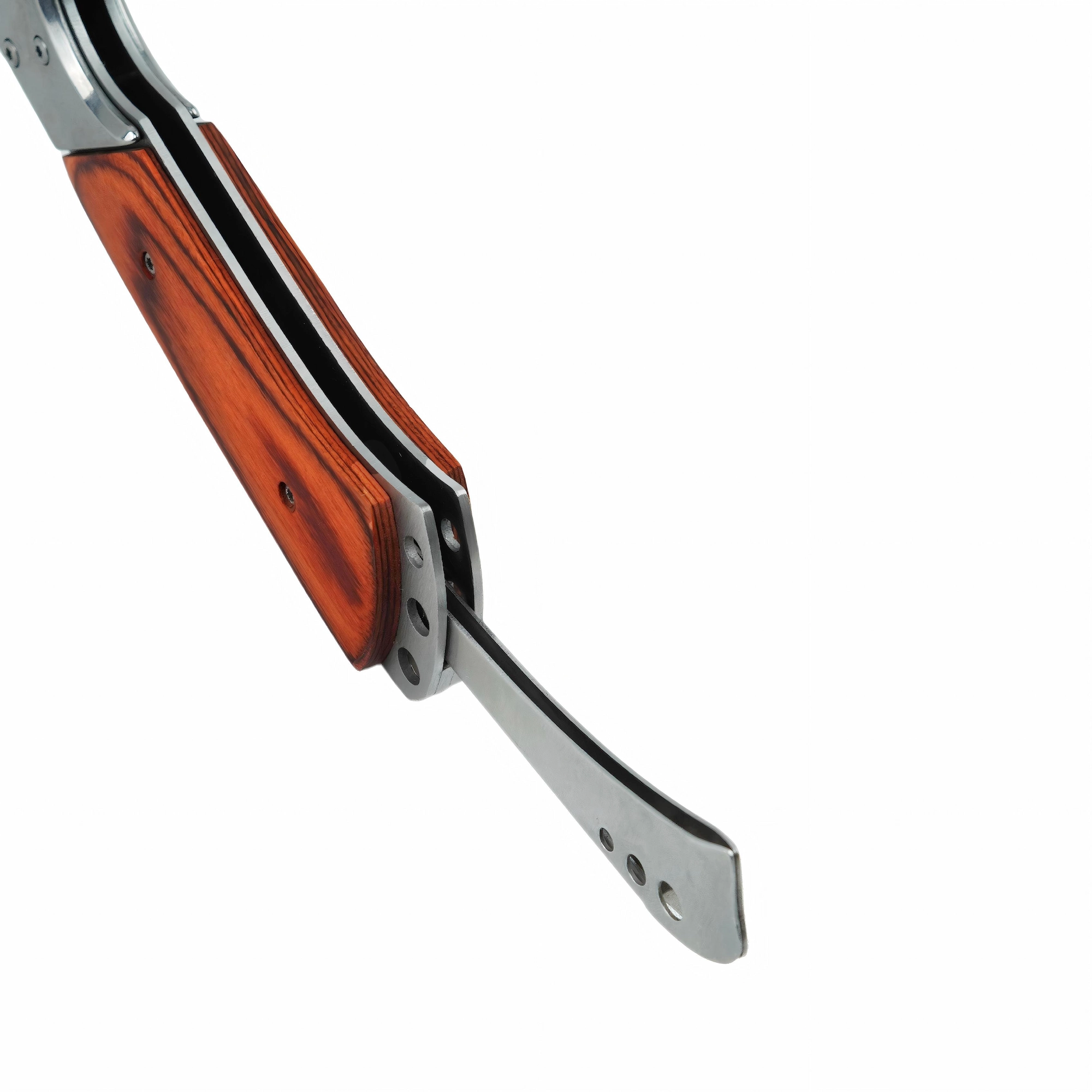 Close-up view of a folding hunting knife handle with natural rosewood scales isolated on white background. SKU: KL-OD-SS-004.