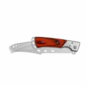 Classic folding hunting knife in folded view with wood handle isolated on white background. SKU: KL-OD-SS-004.
