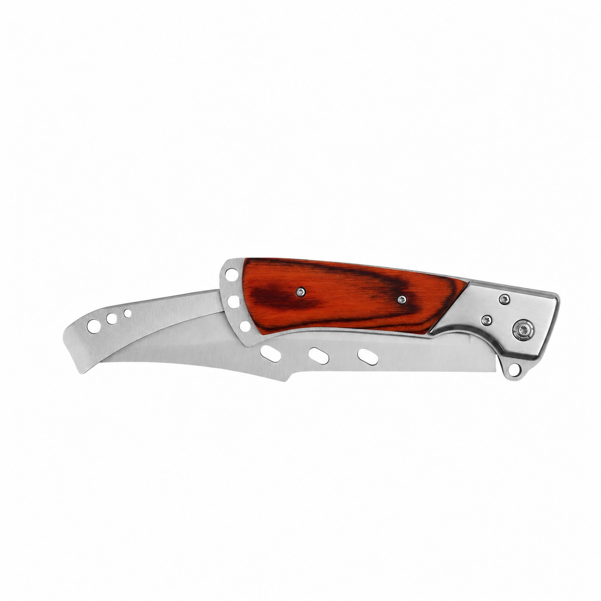Classic folding hunting knife in folded view with wood handle isolated on white background. SKU: KL-OD-SS-004.