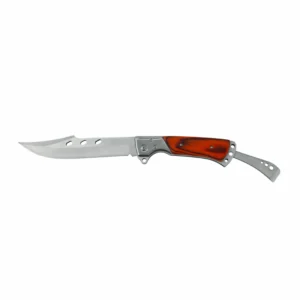 Folding hunting knife with a classic rosewood handle and steel blade isolated on white background. SKU: KL-OD-SS-004.