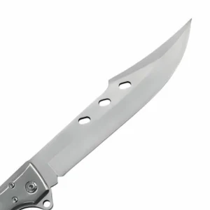 Close-up view of a stainless steel clip point blade with decorative holes isolated on white background. SKU: KL-OD-SS-004.