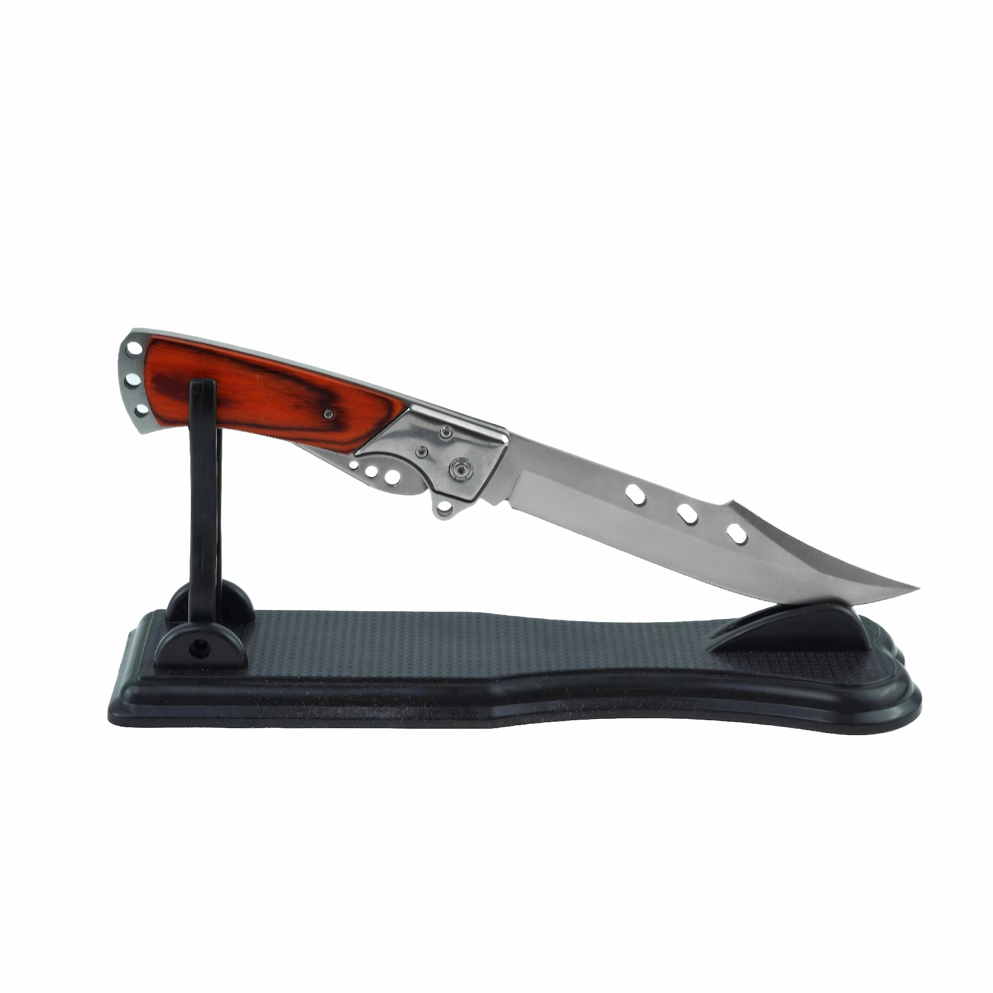 Classic folding hunting knife showcased on a black display stand isolated on white background. SKU: KL-OD-SS-004.