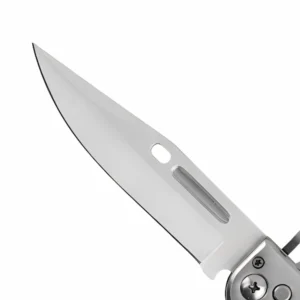 Satin finish stainless steel blade close up with fuller groove isolated on white background KL-OD-SS-002