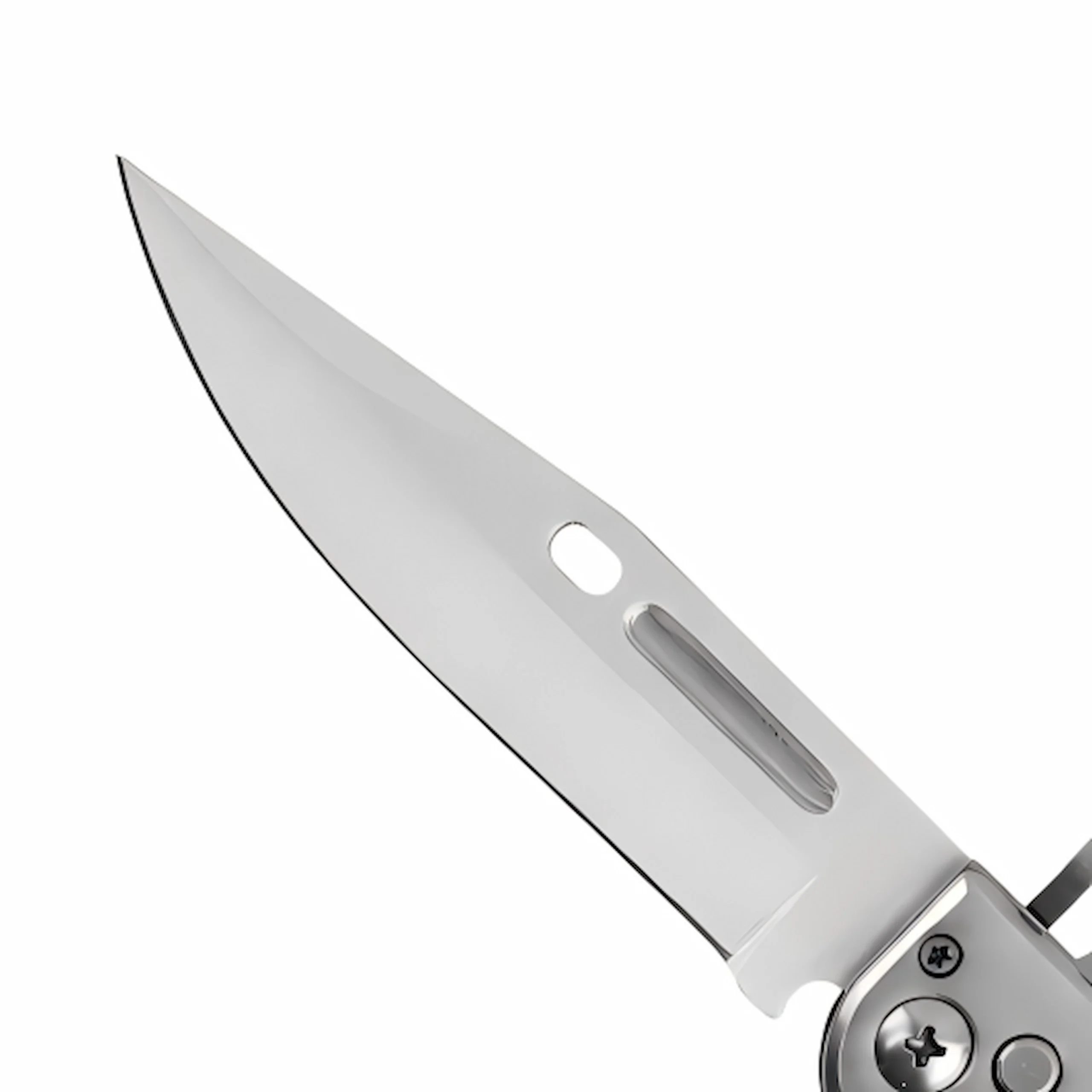 Satin finish stainless steel blade close up with fuller groove isolated on white background KL-OD-SS-002