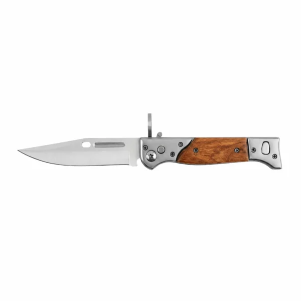Folding pocket knife with rosewood handle and satin stainless steel blade isolated on white background KL-OD-SS-002
