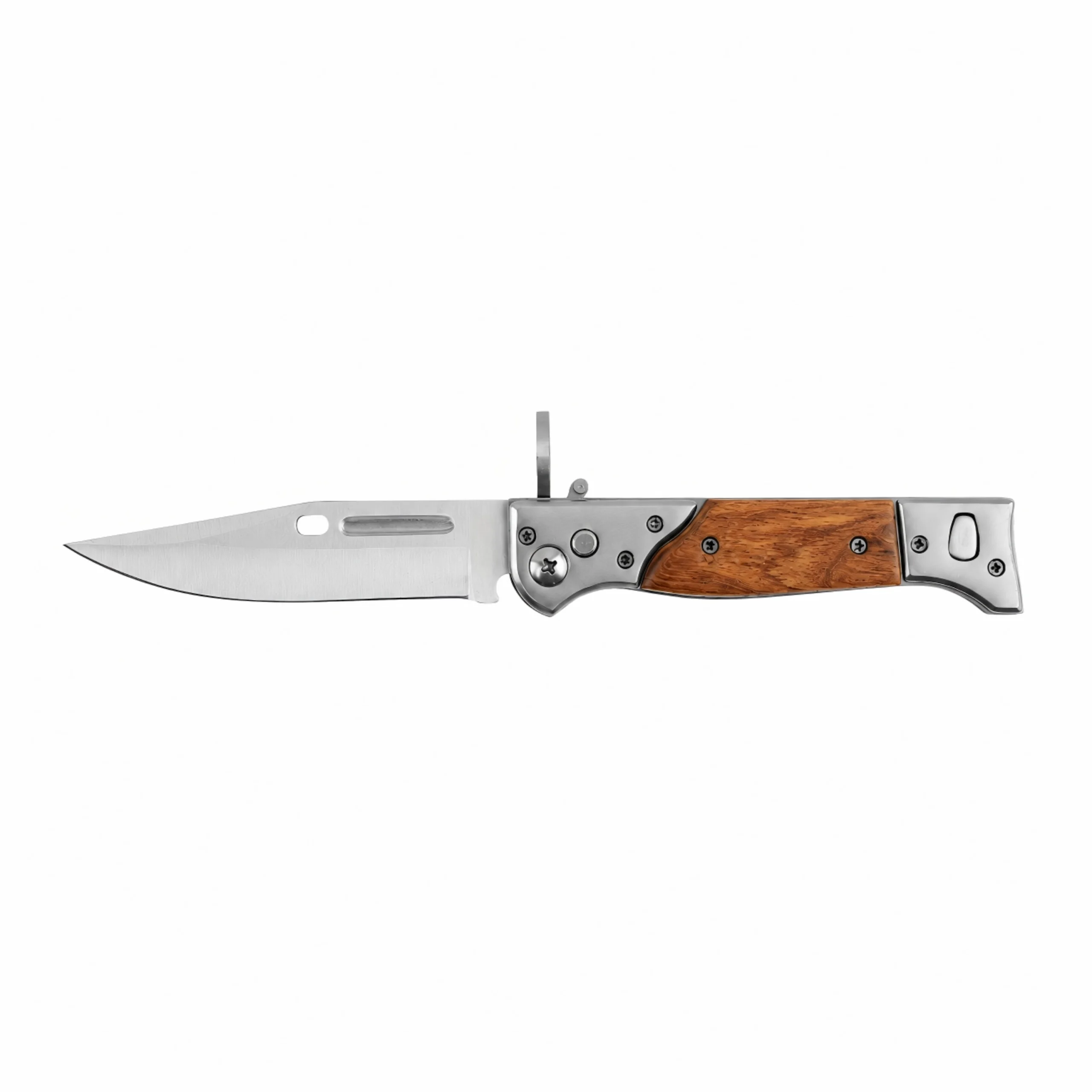 Folding pocket knife with rosewood handle and satin stainless steel blade isolated on white background KL-OD-SS-002
