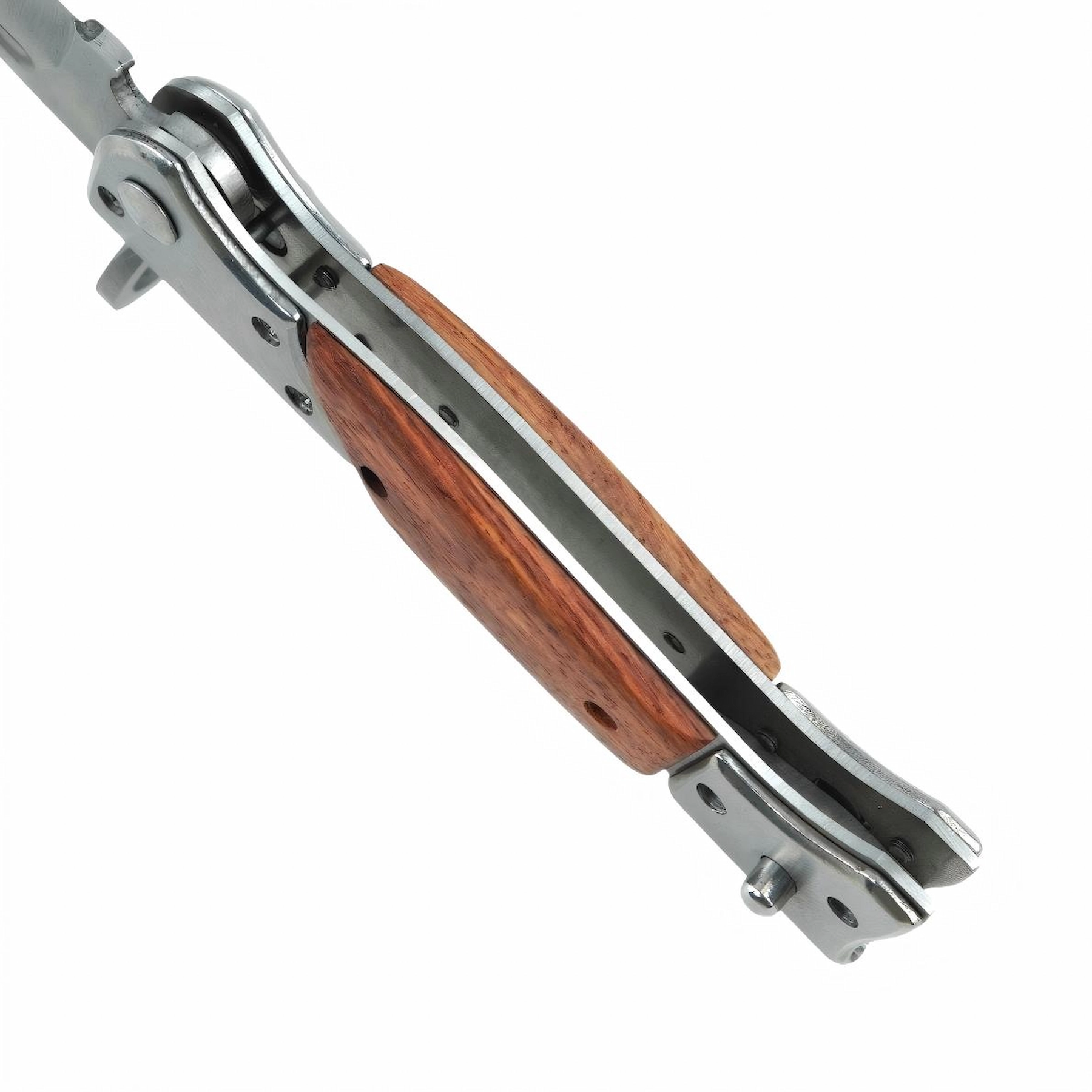 Top view of folding pocket knife showing stainless steel liners and rosewood handle scales isolated on white background KL-OD-SS-002