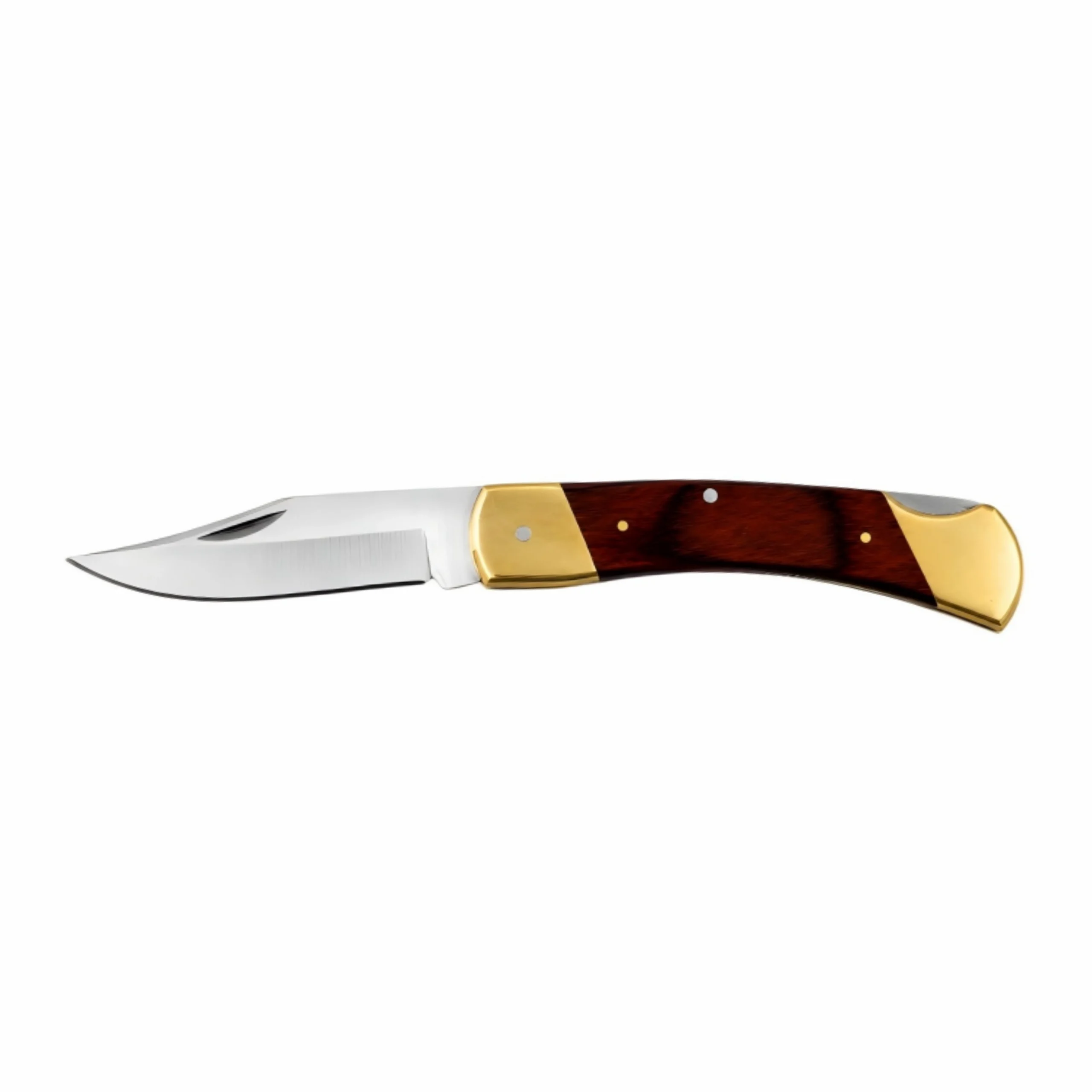 Classic folding pocket knife with rosewood handle and brass bolsters isolated on white background. SKU: KL-OD-SS-003.