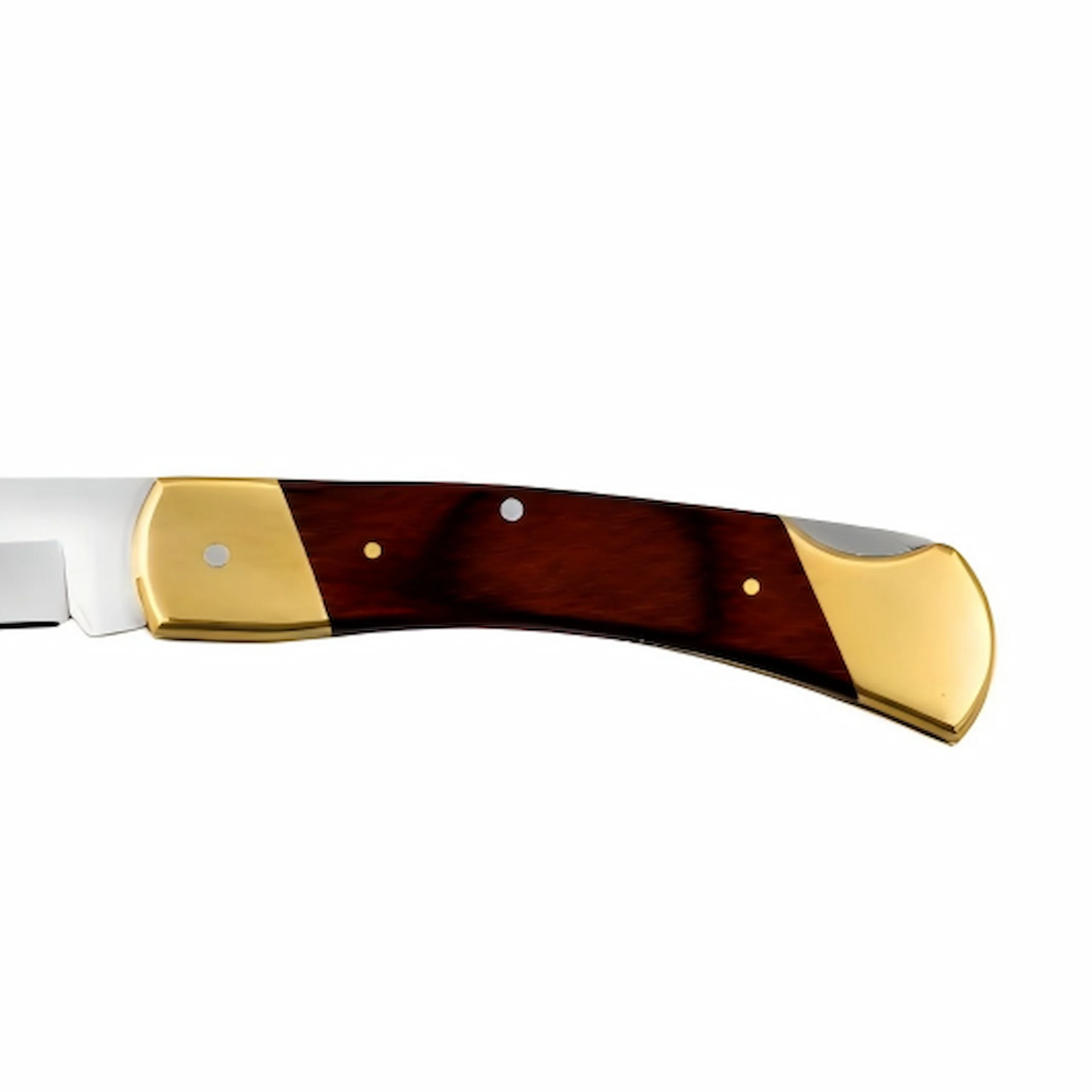 Close-up view of the classic rosewood handle with solid brass bolsters isolated on white background. SKU: KL-OD-SS-003.