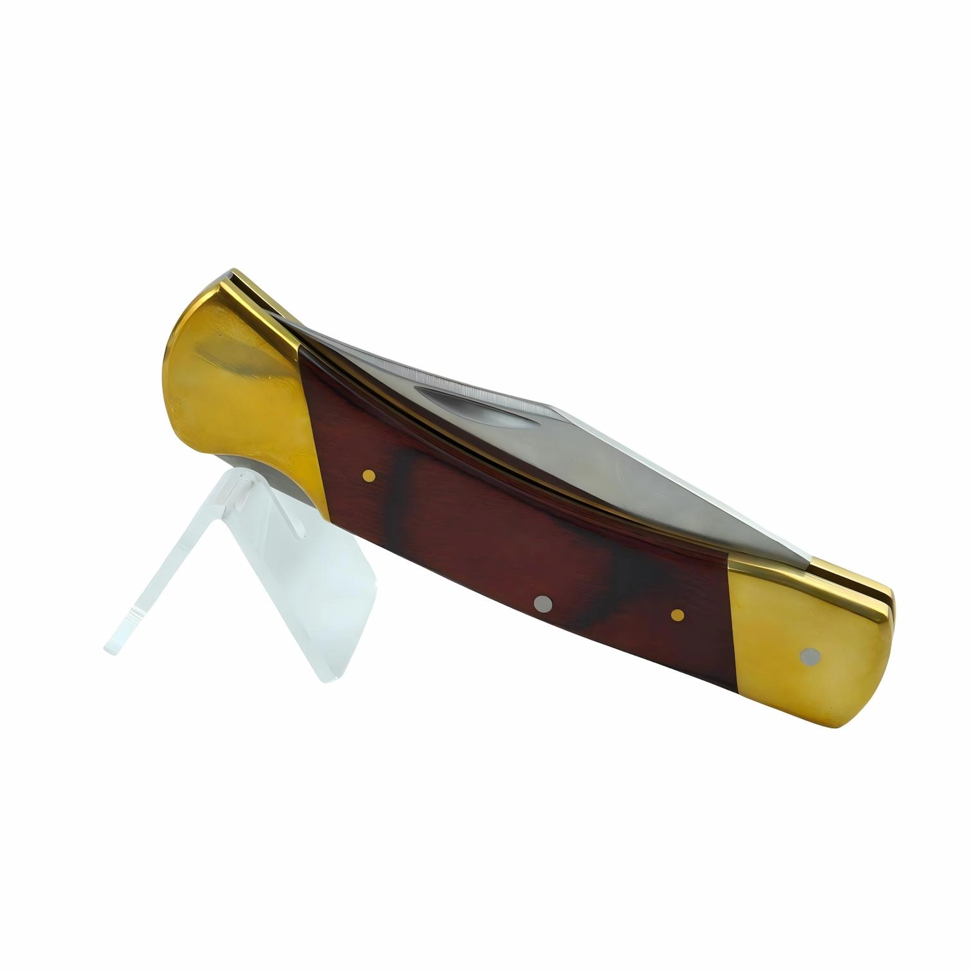Classic folding pocket knife in folded view resting on a clear display stand isolated on white background. SKU: KL-OD-SS-003.