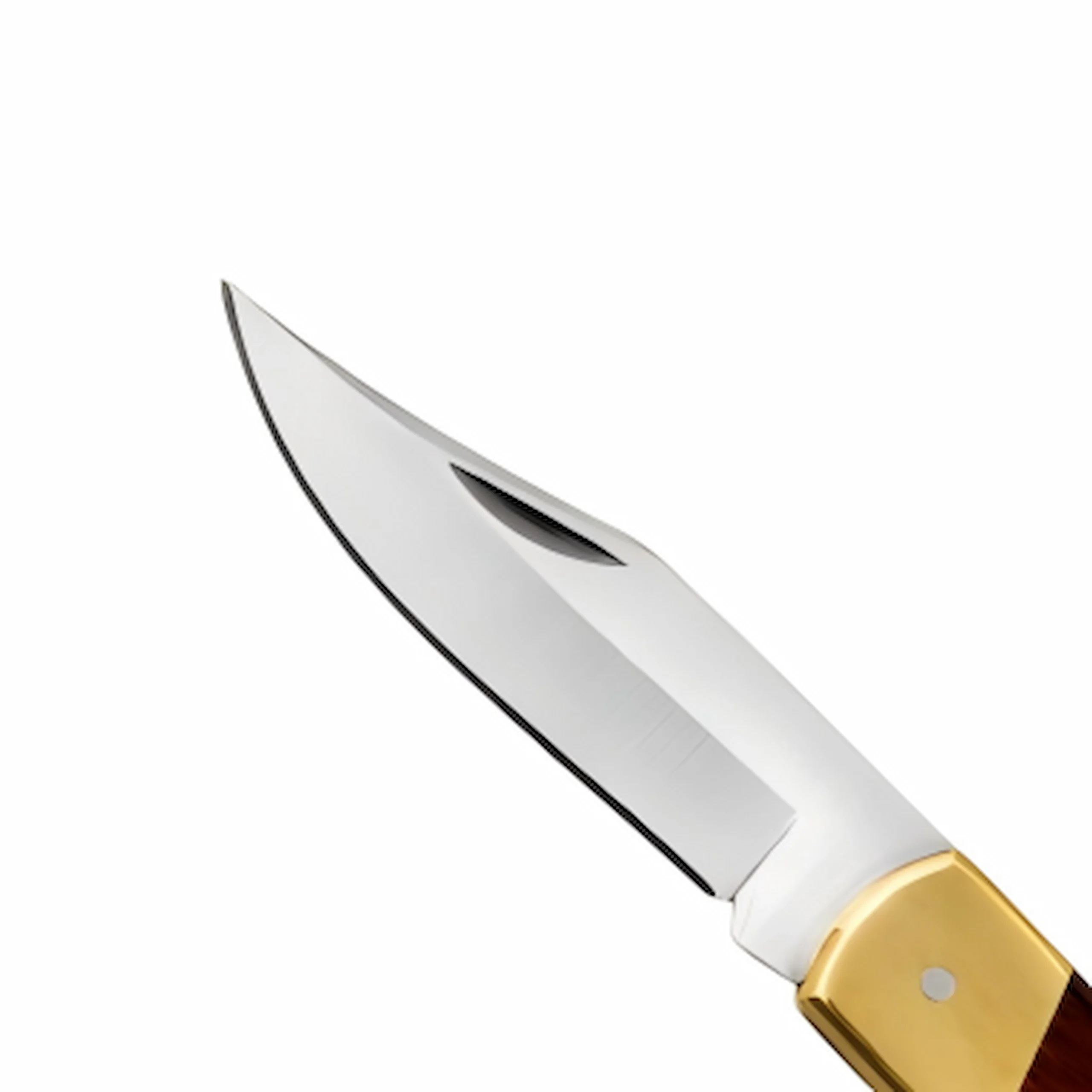 Close-up view of a stainless steel clip point folding knife blade isolated on white background. SKU: KL-OD-SS-003.