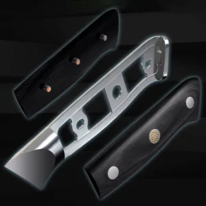 Exploded view diagram showcasing full tang stainless steel skeleton structure and black pakkawood handles. SKU: KL-KK-ST-020
