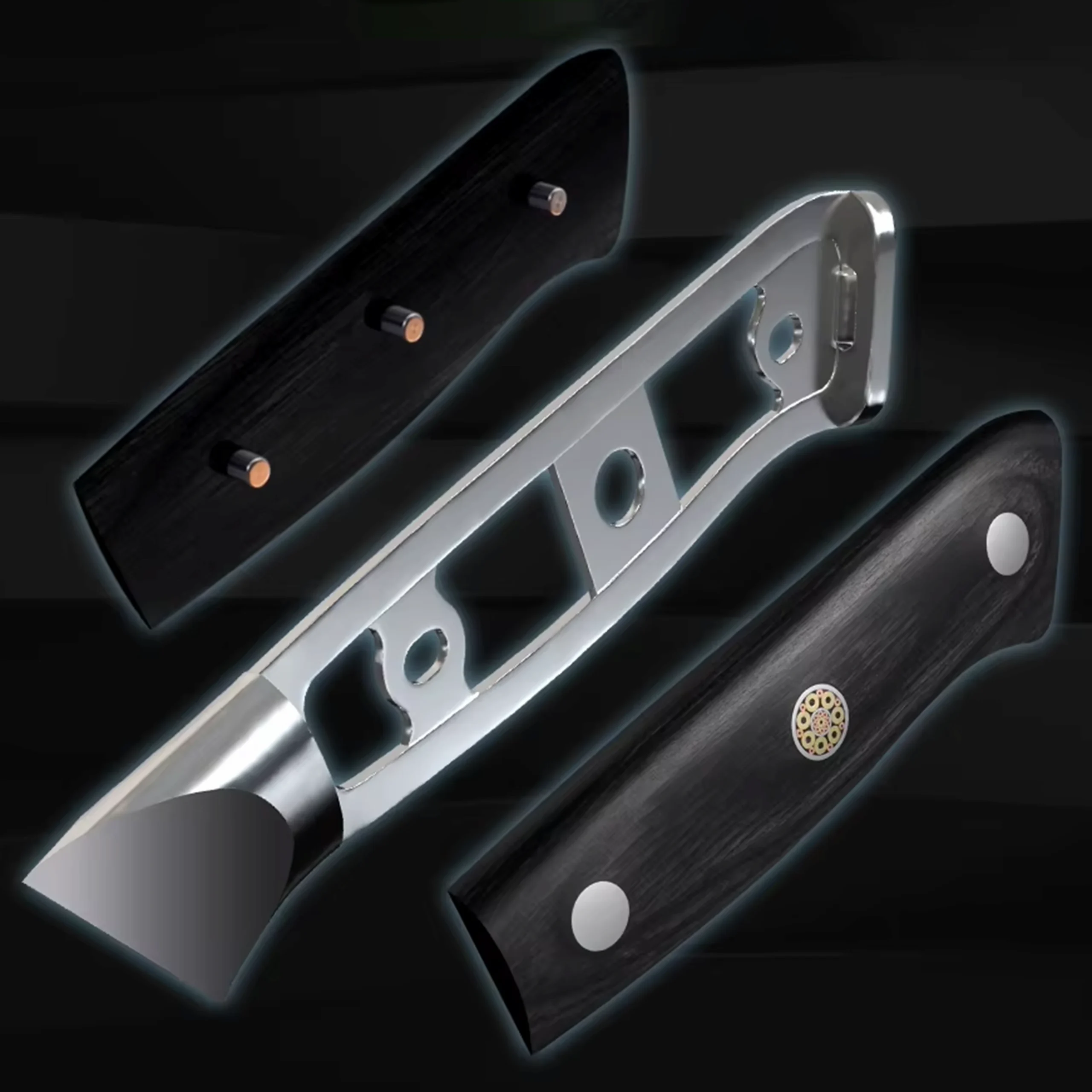 Exploded view diagram showcasing full tang stainless steel skeleton structure and black pakkawood handles. SKU: KL-KK-ST-020