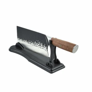 Black hammered cleaver knife on black stand at 45 degree angle isolated on white background KL-KN-HM-005