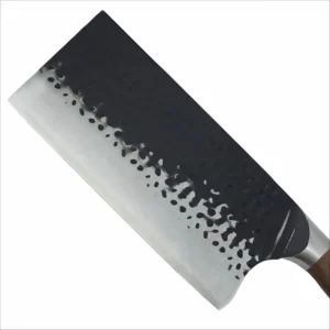 Close up view of the hand hammered black coated cleaver blade isolated on white background KL-KN-HM-005