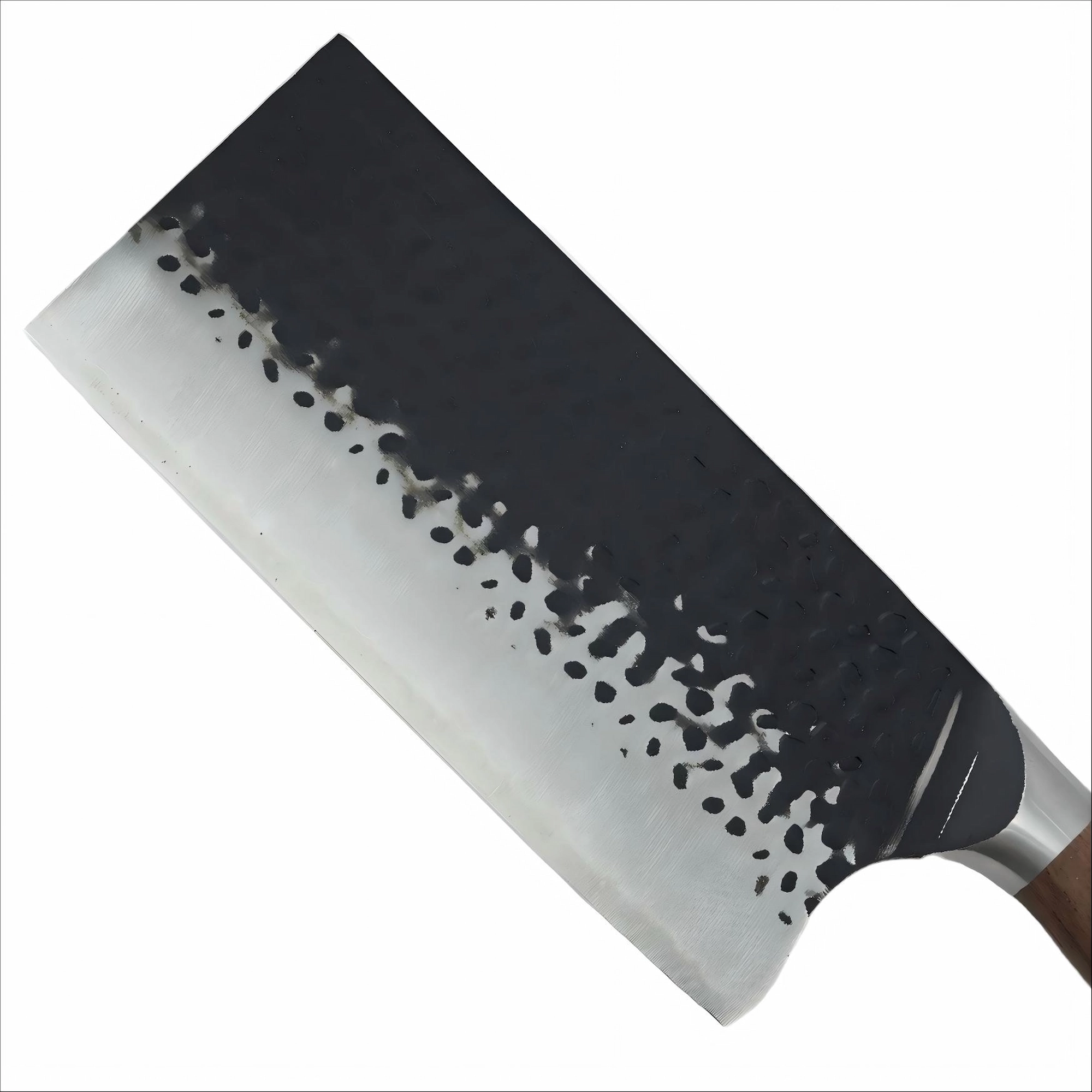 Close up view of the hand hammered black coated cleaver blade isolated on white background KL-KN-HM-005