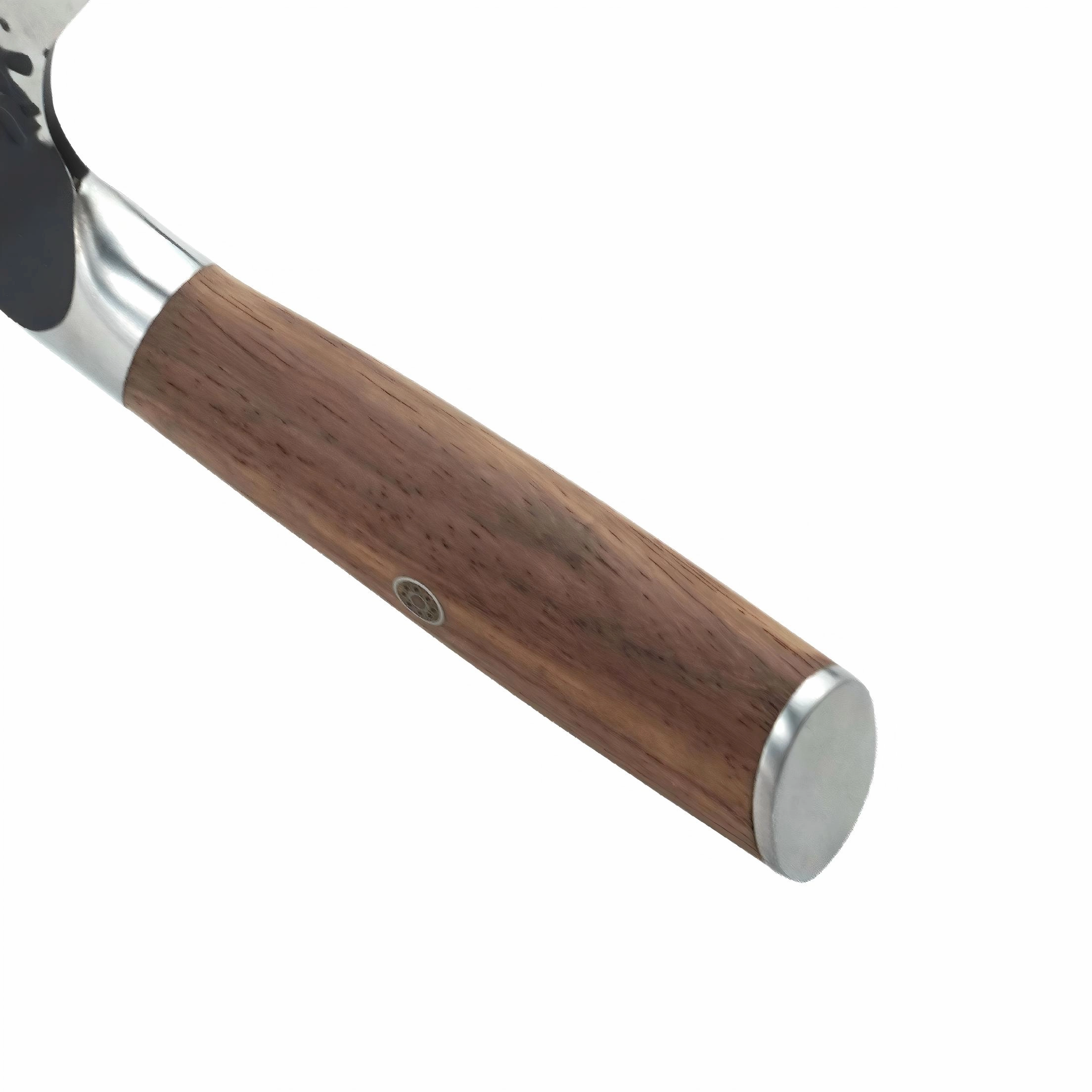 Close up view of the ergonomic natural wood handle with mosaic rivet isolated on white background KL-KN-HM-005