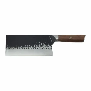 Black hammered cleaver knife with natural wood handle isolated on white background KL-KN-HM-005