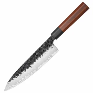 Hammered Chef Knife - 45-Degree View | KaiLionCrafts Hammered high carbon steel chef knife with octagonal wood handle isolated on white background KL-KN-HC-005