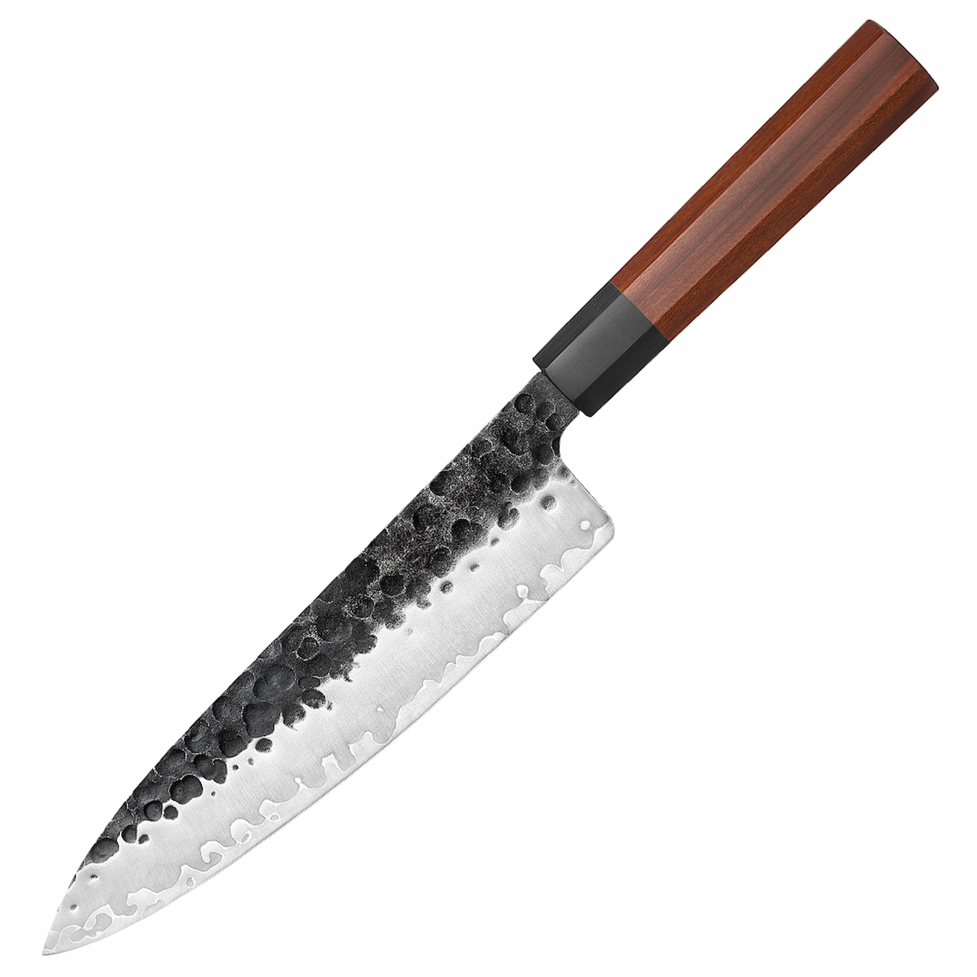 Hammered Chef Knife - 45-Degree View | KaiLionCrafts Hammered high carbon steel chef knife with octagonal wood handle isolated on white background KL-KN-HC-005