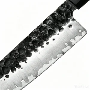 Hammered Chef Knife - Blade Detail | KaiLionCrafts Hammered high carbon steel chef knife blade close up isolated on white background KL-KN-HC-005