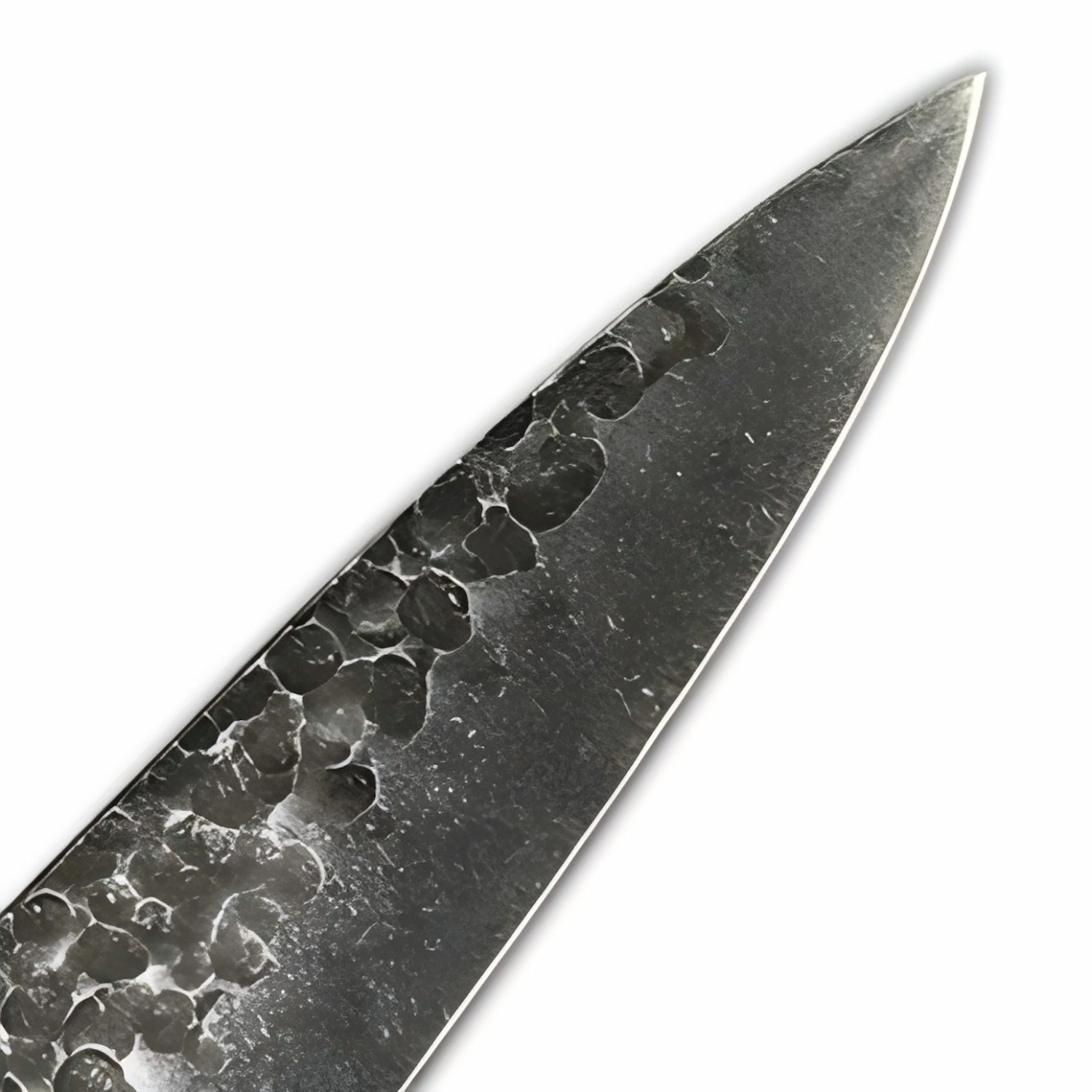 Close up of hammered carbon steel chef knife blade with rustic blacksmith finish isolated on white background KL-KN-HC-007