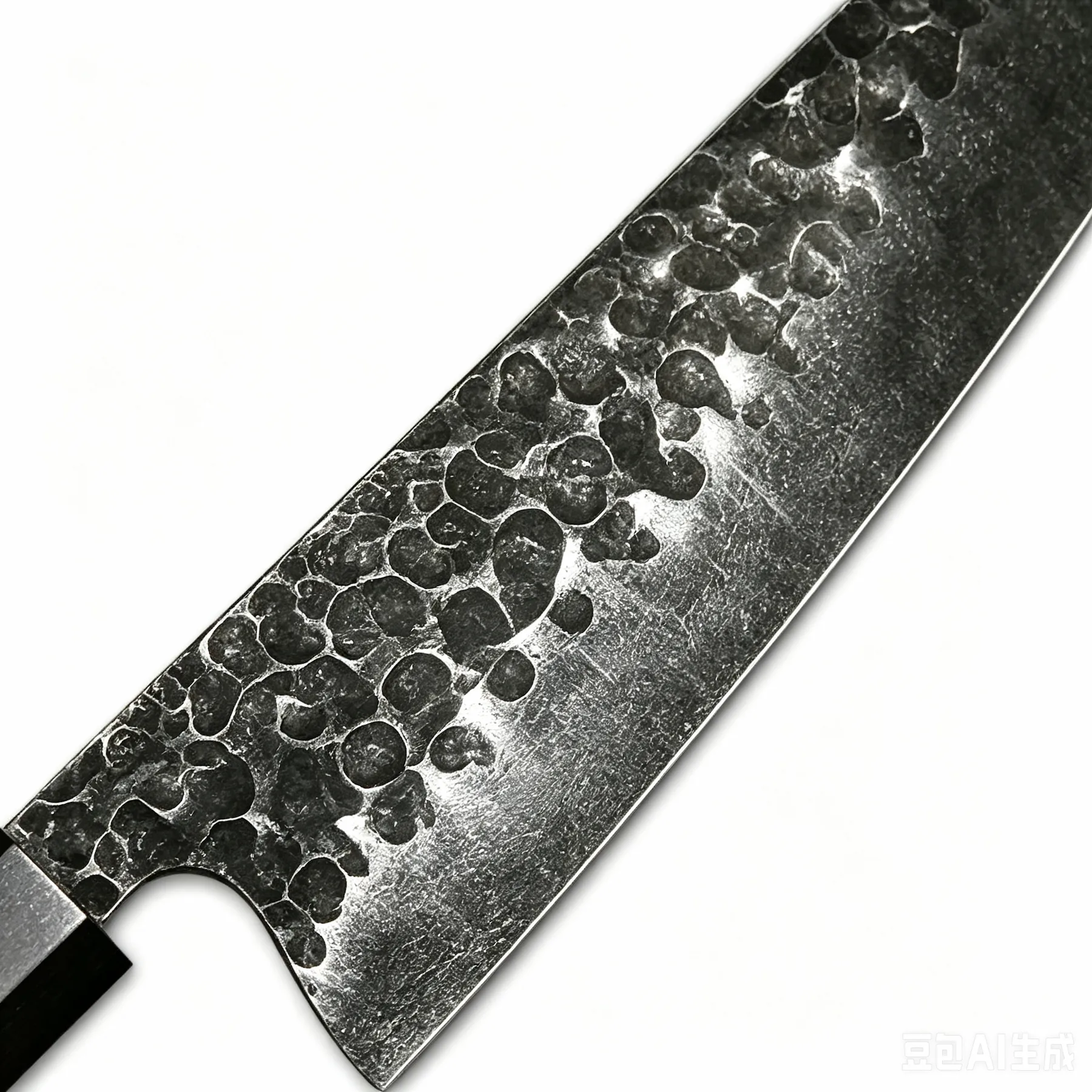 Close up of forged high carbon steel chef knife blade heel showing hammered blacksmith texture isolated on white background KL-KN-HC-007