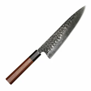 Hammered carbon steel chef knife with octagonal rosewood handle at a 45 degree angle on white background KL-KN-HC-007