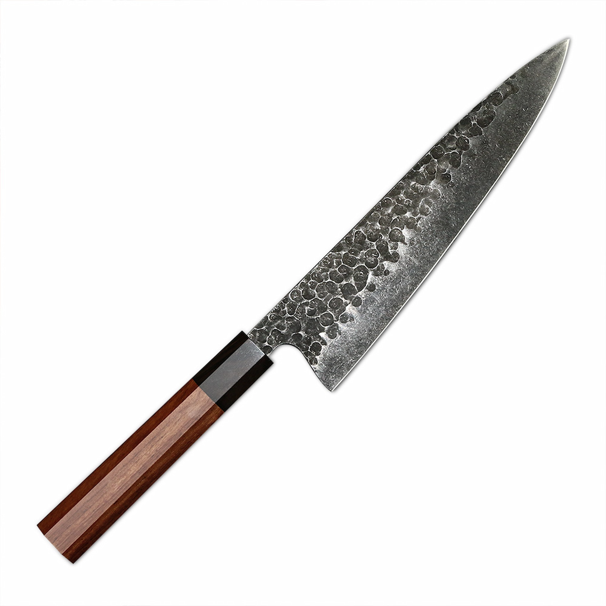 Hammered carbon steel chef knife with octagonal rosewood handle at a 45 degree angle on white background KL-KN-HC-007