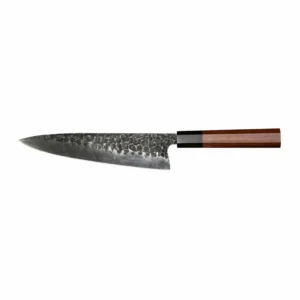 Hammered carbon steel chef knife with octagonal rosewood handle isolated on white background KL-KN-HC-007