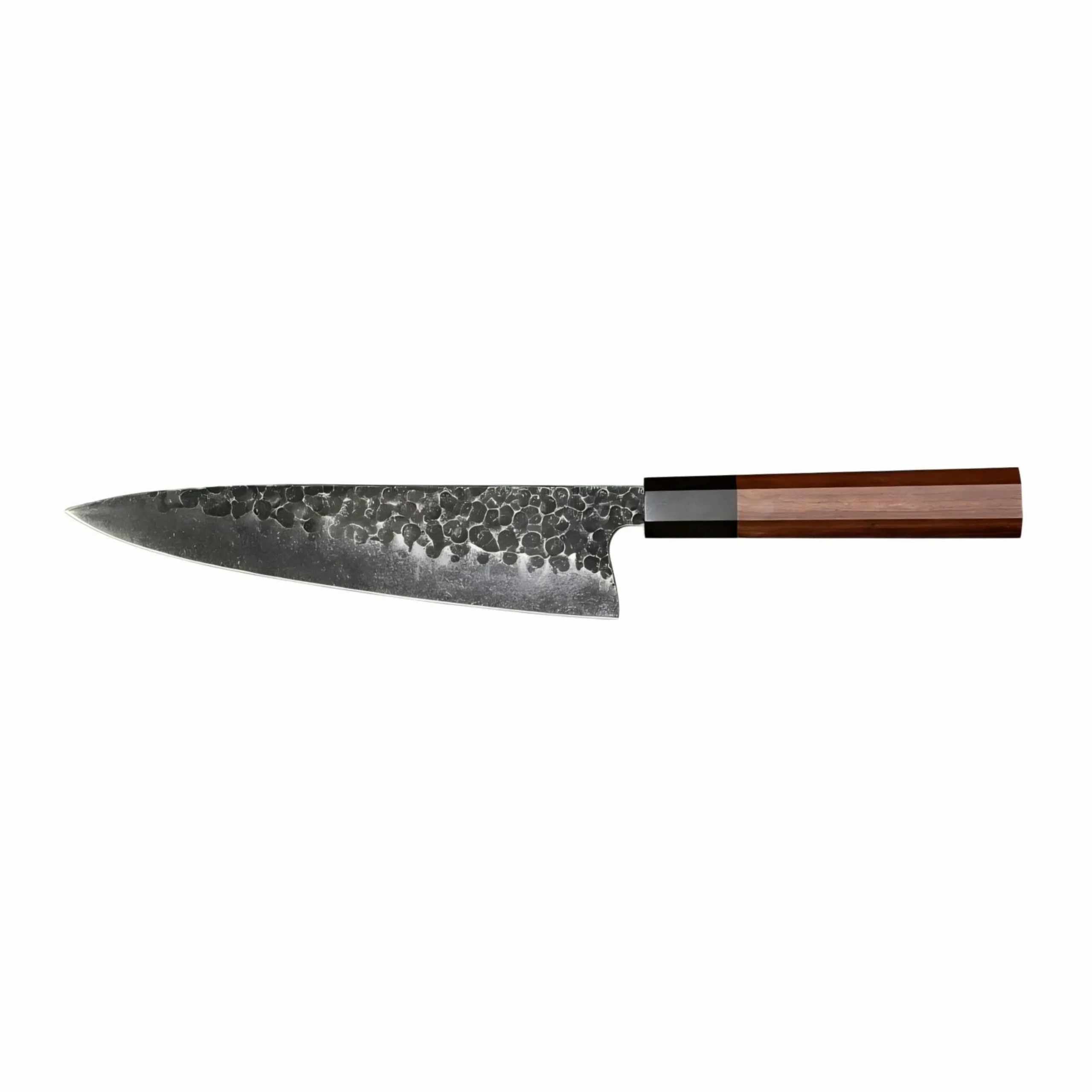 Hammered carbon steel chef knife with octagonal rosewood handle isolated on white background KL-KN-HC-007