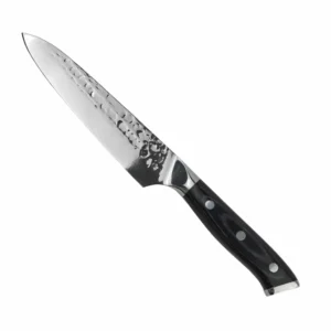 Hammered stainless steel chef knife with triple riveted black pakkawood handle at 45 degree angle isolated on white background KL-KN-HM-003