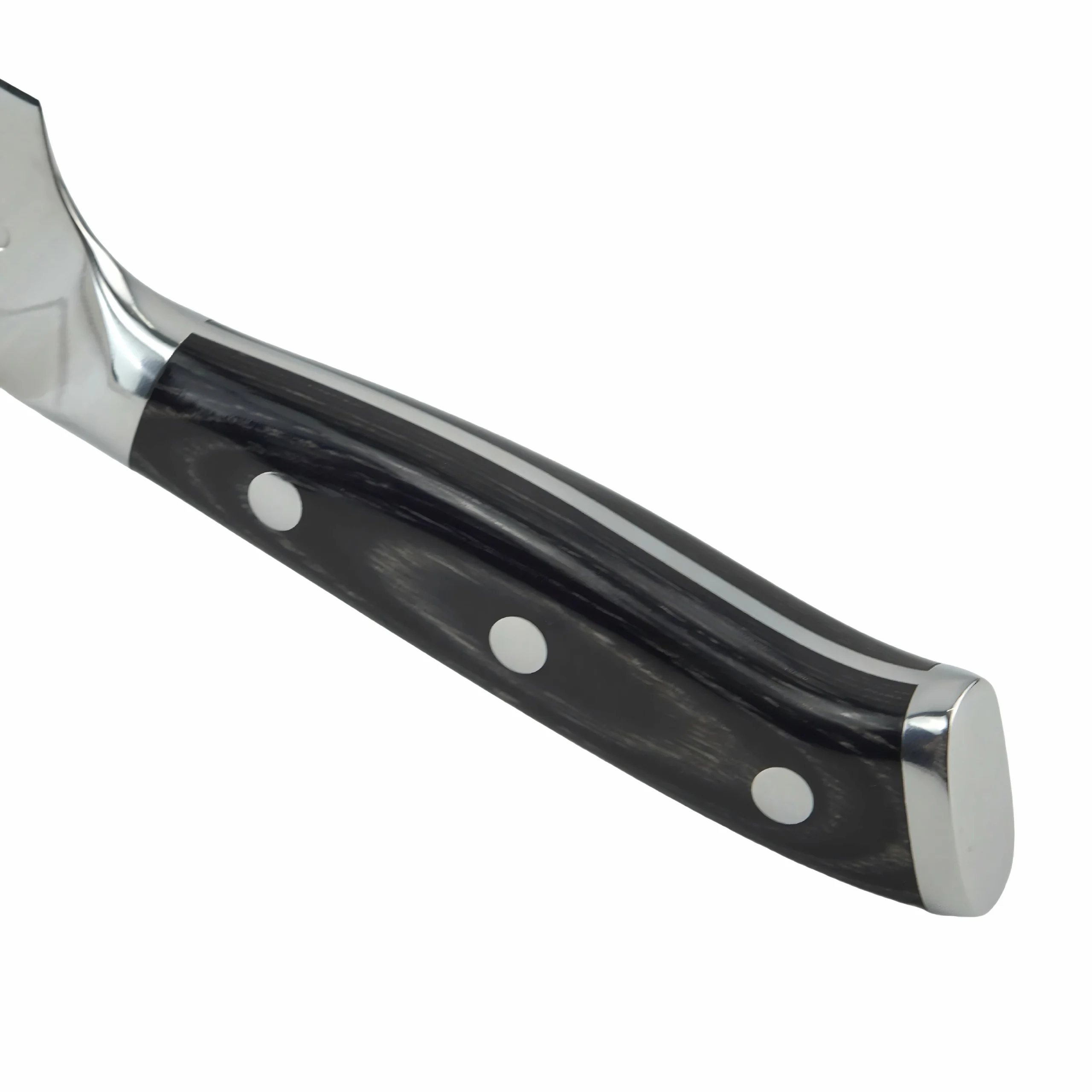 Close up view of the triple riveted black pakkawood handle showing full tang isolated on white background KL-KN-HM-003